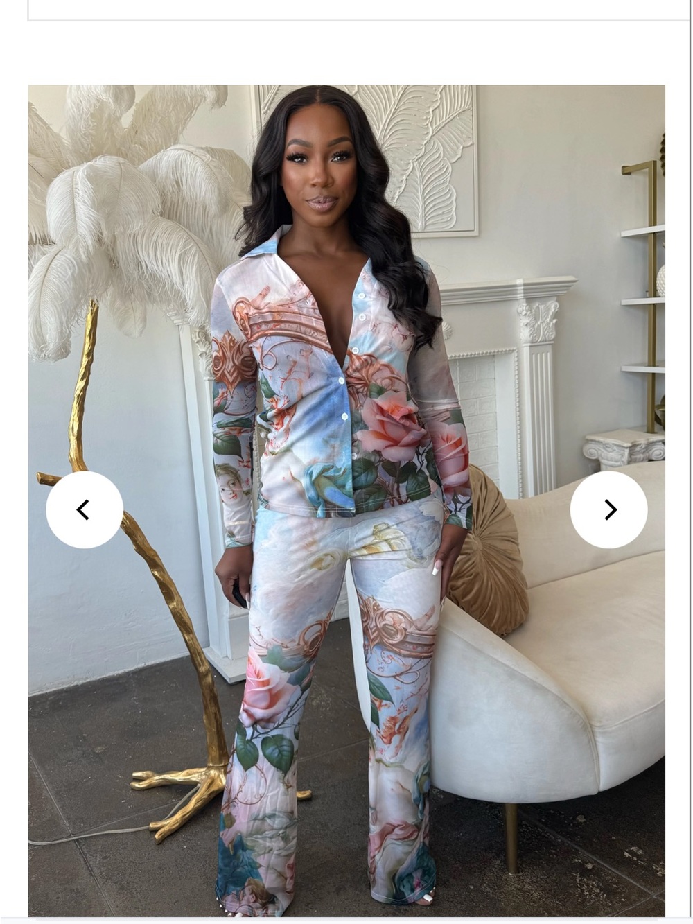 Floral Satin Mesh Blouse with Lined Flowy Pants Set with Rose Print